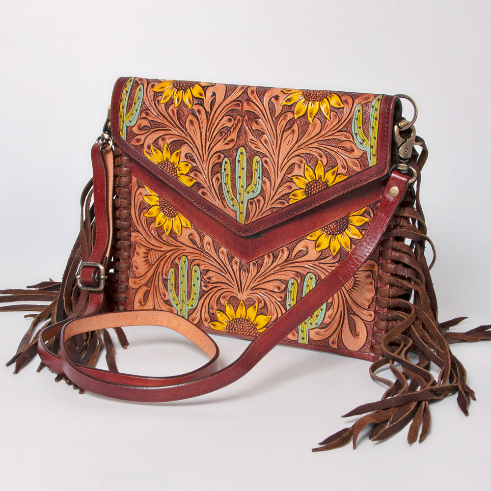 LC-ADBGF105A Envelope-Style Genuine Leather Western Bag with Fringe & Floral Tooling