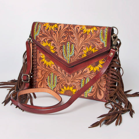 American Darling Western Leather Envelope - Hand Tooled Floral Carved Purse with Fringes