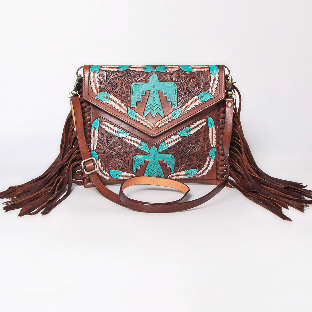 LC-ADBGF105A Envelope-Style Genuine Leather Western Bag with Fringe & Floral Tooling