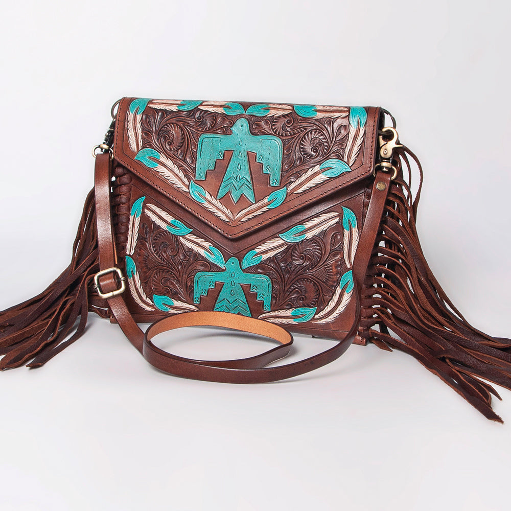 LC-ADBGF105A Envelope-Style Genuine Leather Western Bag with Fringe & Floral Tooling