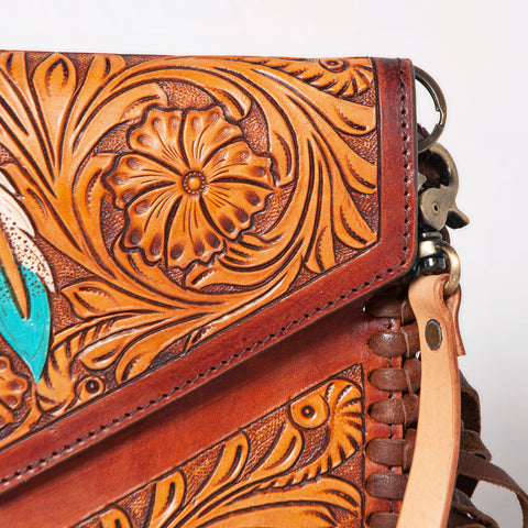 American Darling Western Leather Envelope - Hand Tooled Floral Carved Purse with Fringes