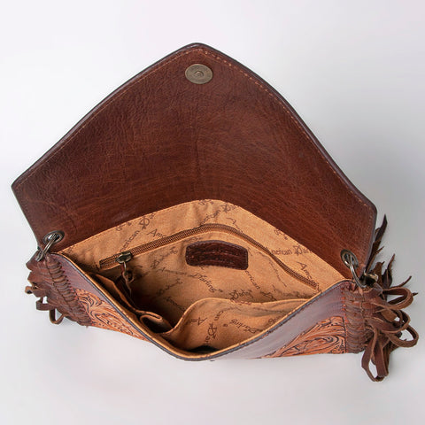 American Darling Western Leather Envelope - Hand Tooled Floral Carved Purse with Fringes