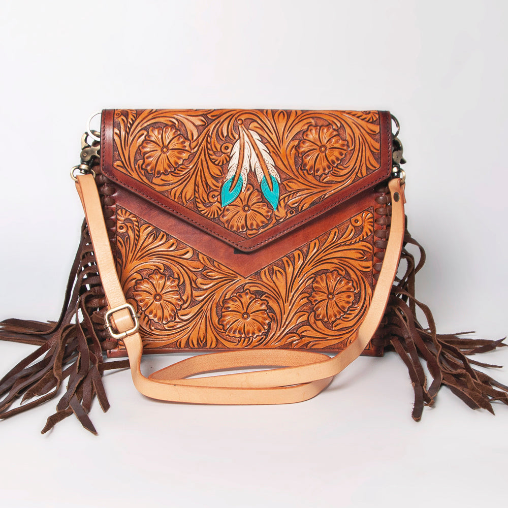 LC-ADBGF105A Envelope-Style Genuine Leather Western Bag with Fringe & Floral Tooling