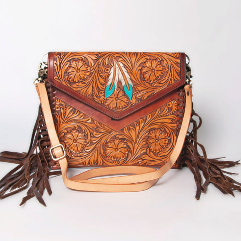 American Darling Western Leather Envelope - Hand Tooled Floral Carved Purse with Fringes