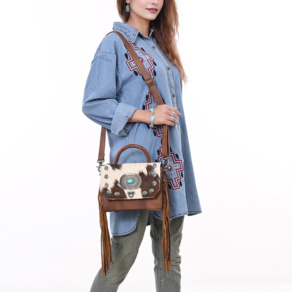 ADBG983 Hair-On Cowhide & Croc Embossed Leather Messenger Purse with Turquoise Conchos Western Fringe Bag