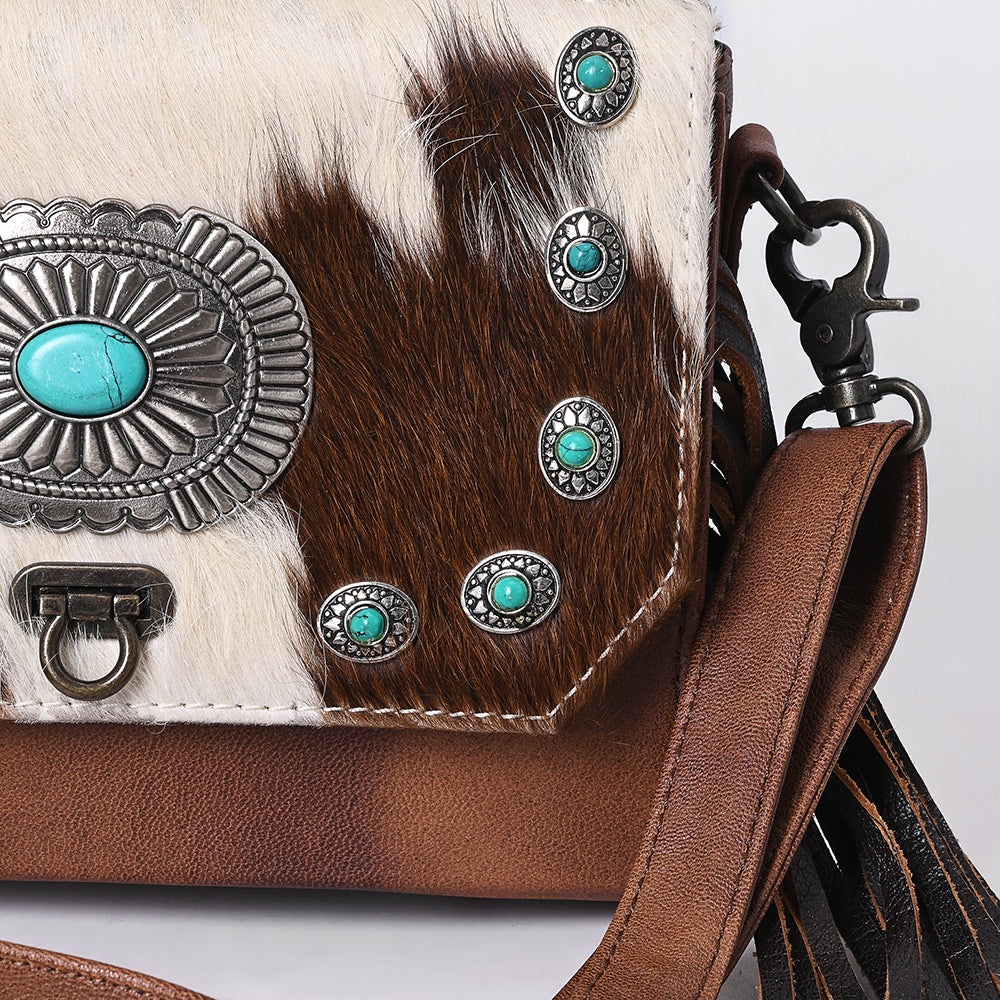 ADBG983 Hair-On Cowhide & Croc Embossed Leather Messenger Purse with Turquoise Conchos Western Fringe Bag