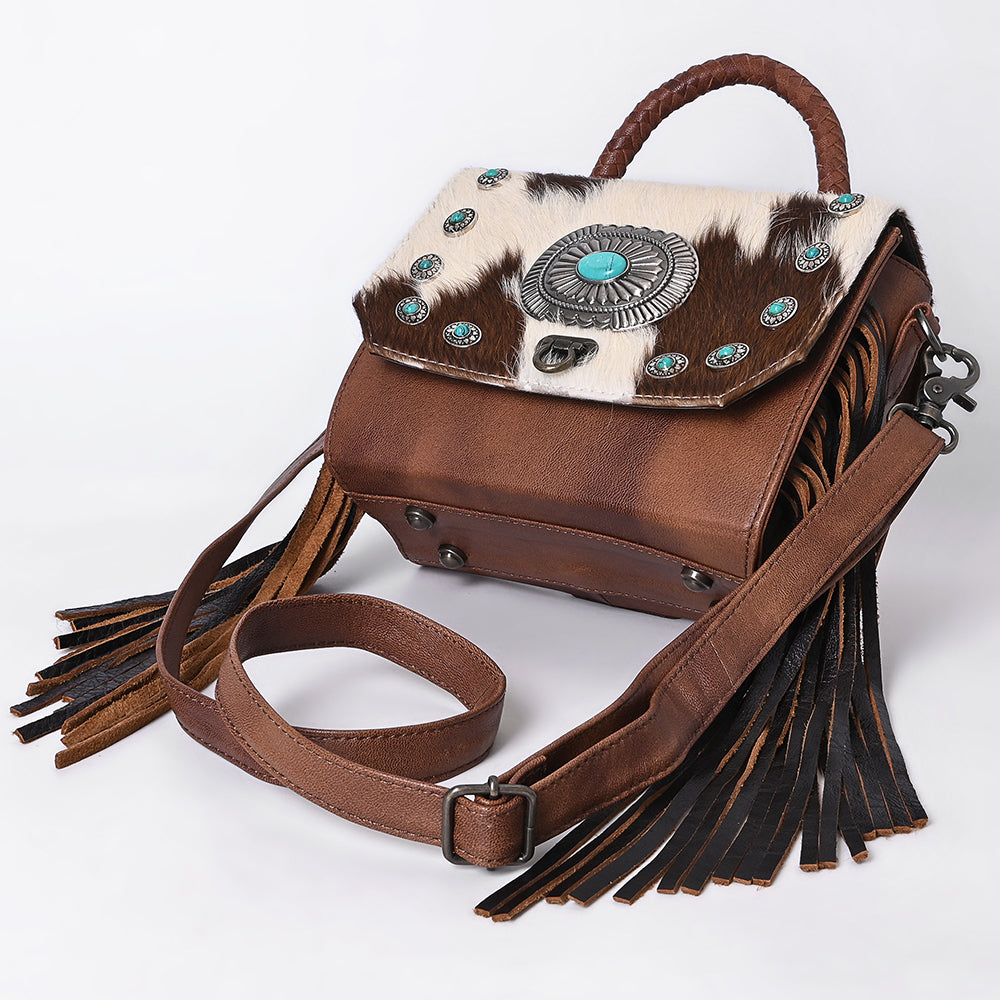 ADBG983 Hair-On Cowhide & Croc Embossed Leather Messenger Purse with Turquoise Conchos Western Fringe Bag