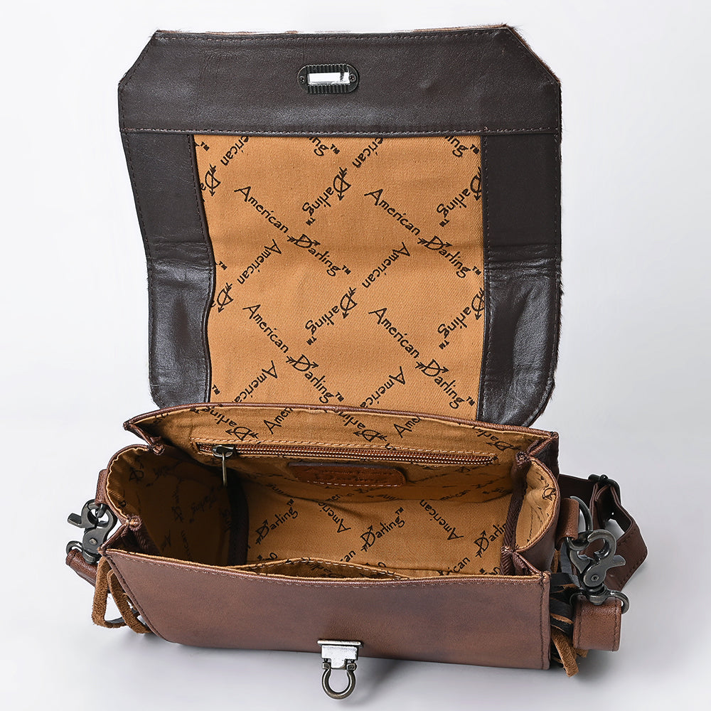 ADBG983 Hair-On Cowhide & Croc Embossed Leather Messenger Purse with Turquoise Conchos Western Fringe Bag