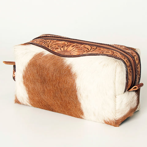 American Darling Hand Tooled Floral Leather Toiletry Bag with Hair-On Cowhide