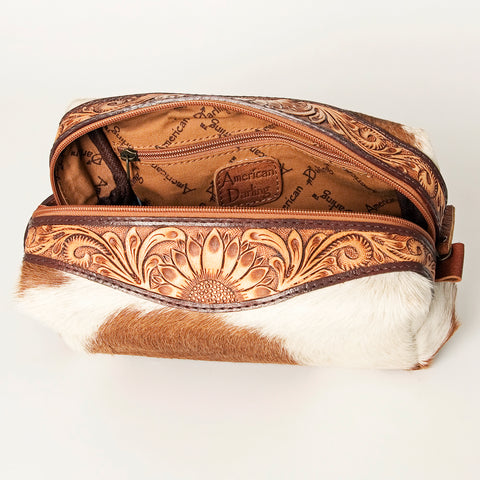 American Darling Hand Tooled Floral Leather Toiletry Bag with Hair-On Cowhide