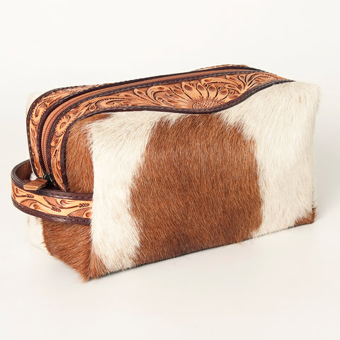 American Darling Hand Tooled Floral Leather Toiletry Bag with Hair-On Cowhide