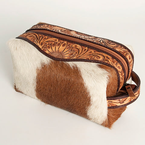 American Darling Hand Tooled Floral Leather Toiletry Bag with Hair-On Cowhide