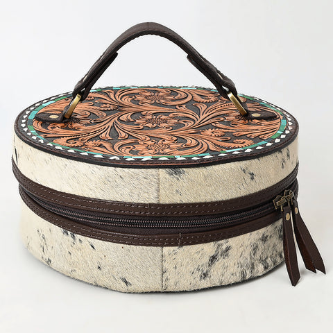 American Darling Circular Hand Tooled Leather & Cowhide Jewelry Case