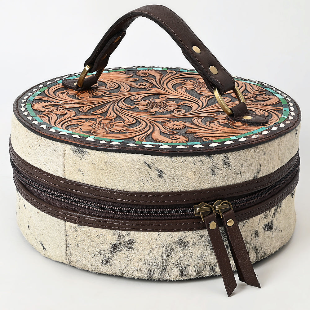 ADBGA317 Hand-Tooled Round Hair-On Leather Jewelry Case Western Floral & Turquoise Inlay