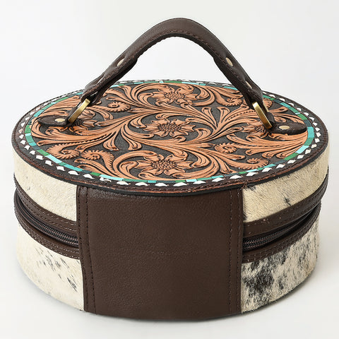 American Darling Circular Hand Tooled Leather & Cowhide Jewelry Case