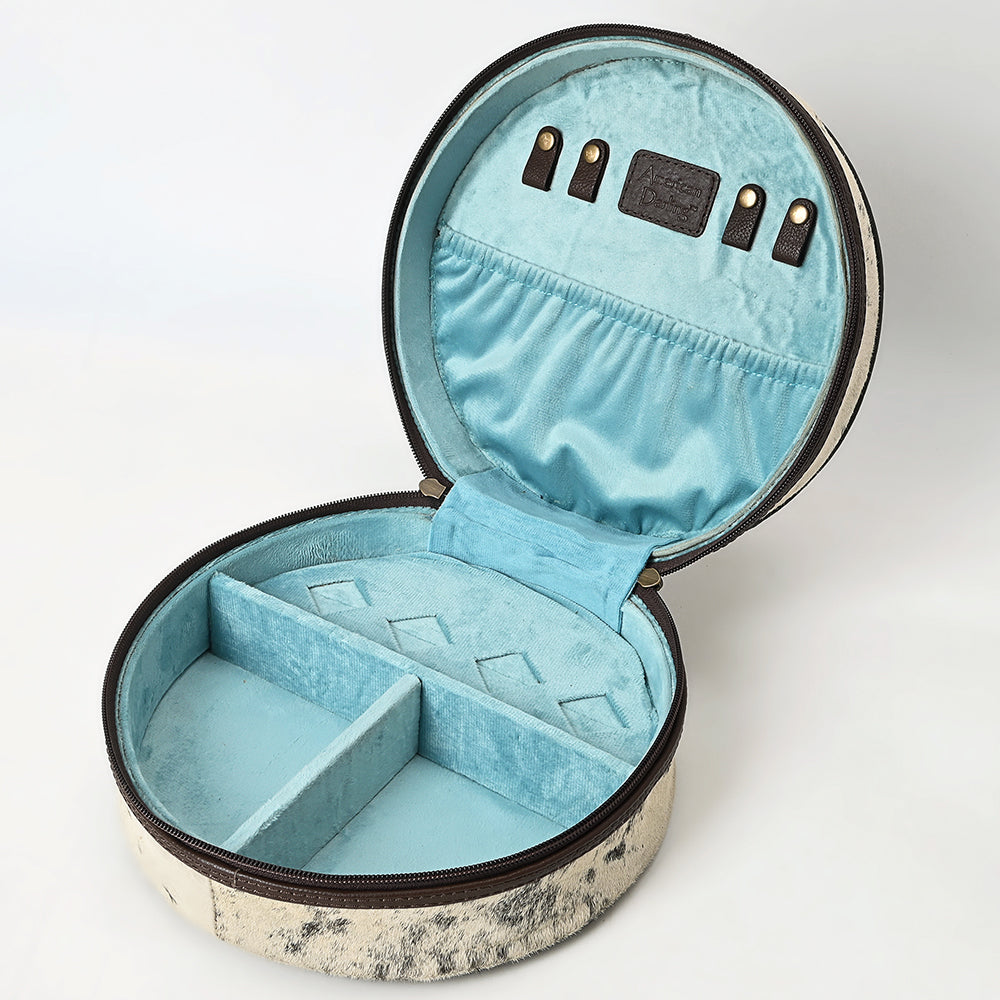 ADBGA317 Hand-Tooled Round Hair-On Leather Jewelry Case Western Floral & Turquoise Inlay