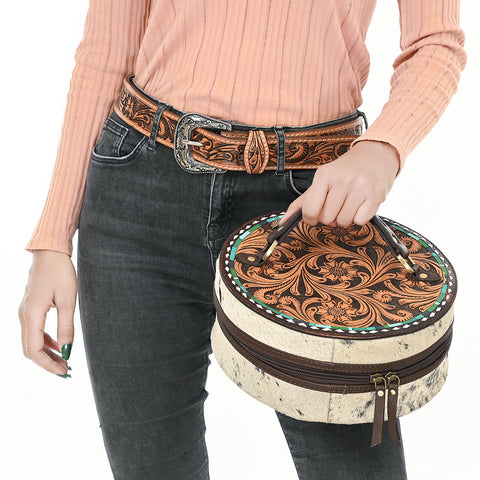American Darling Circular Hand Tooled Leather & Cowhide Jewelry Case