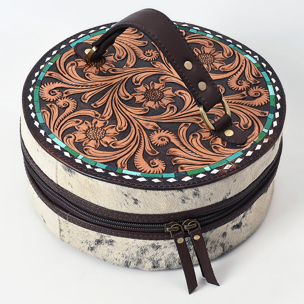 ADBGA317 Hand-Tooled Round Hair-On Leather Jewelry Case Western Floral & Turquoise Inlay