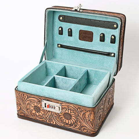 American Darling Hand-Tooled Leather Locking Jewelry Case Western Floral Organizer Box