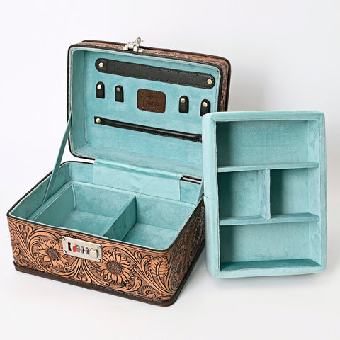American Darling Hand-Tooled Leather Locking Jewelry Case Western Floral Organizer Box