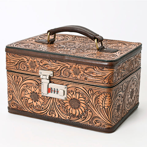 American Darling Hand-Tooled Leather Locking Jewelry Case Western Floral Organizer Box