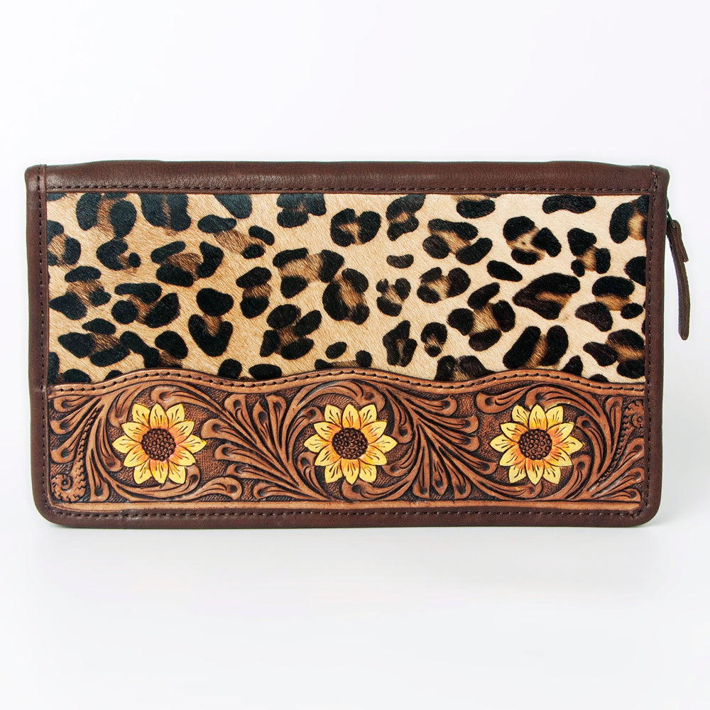 ADBGA323 Hair-On Cowhide & Tooled Leather Western Zip Jewelry Case Floral Edge Design