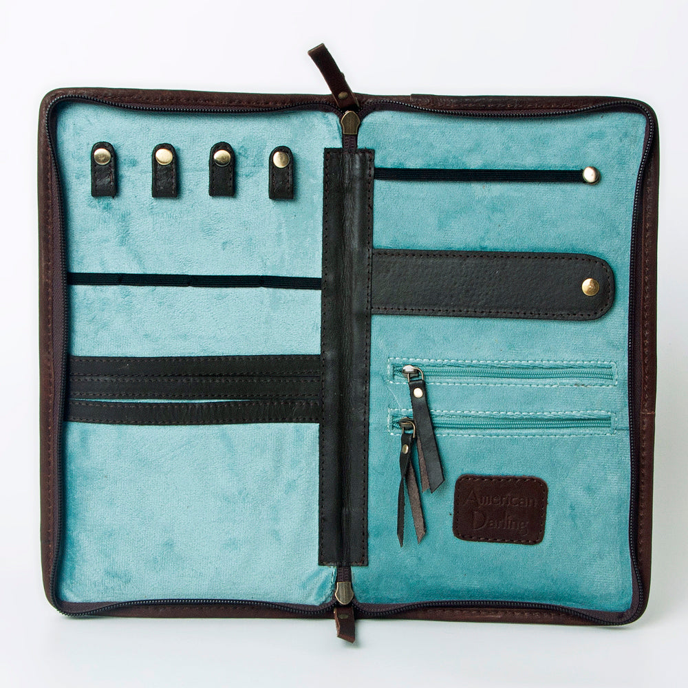 ADBGA323 Hair-On Cowhide & Tooled Leather Western Zip Jewelry Case Floral Edge Design