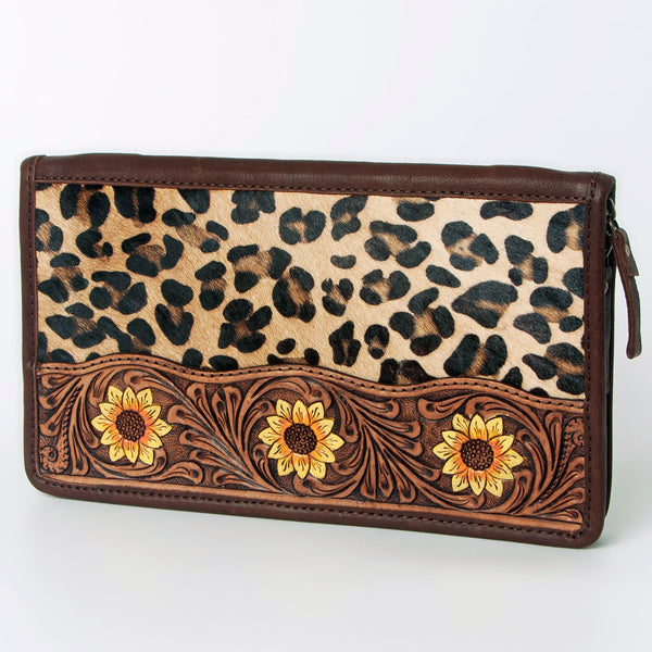 ADBGA323 Hair-On Cowhide & Tooled Leather Western Zip Jewelry Case Floral Edge Design