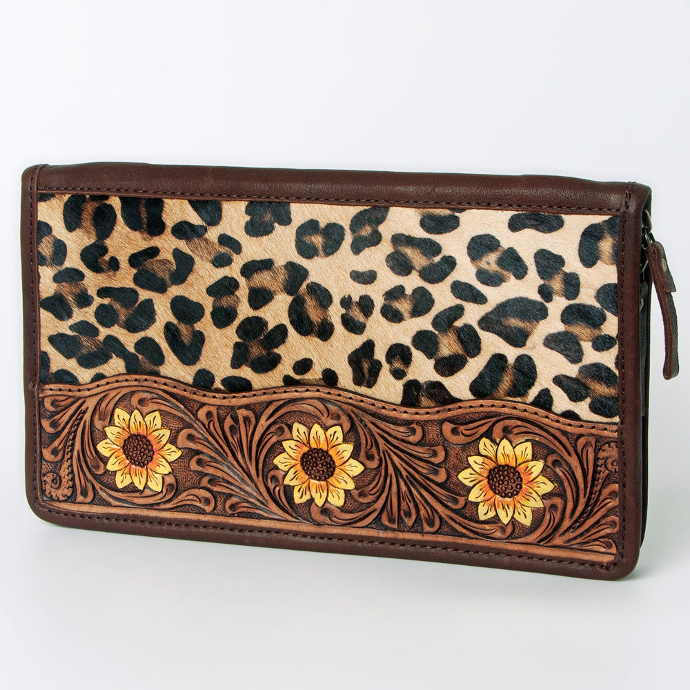 ADBGA323 Hair-On Cowhide & Tooled Leather Western Zip Jewelry Case Floral Edge Design