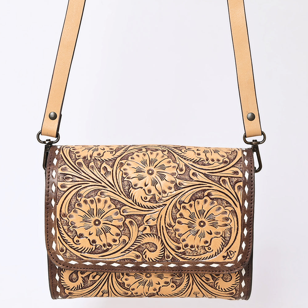 ADBGZ693 Hand-Tooled Leather Western Crossbody Bag - Floral Carving in Natural Tan