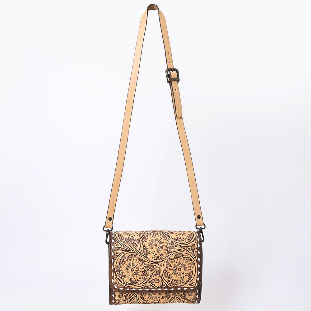 ADBGZ693 Hand-Tooled Leather Western Crossbody Bag - Floral Carving in Natural Tan