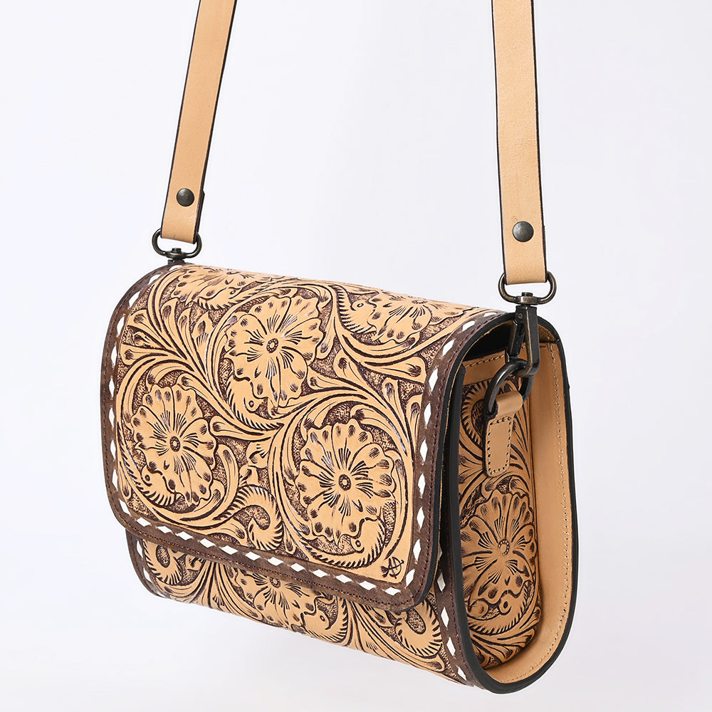 ADBGZ693 Hand-Tooled Leather Western Crossbody Bag - Floral Carving in Natural Tan