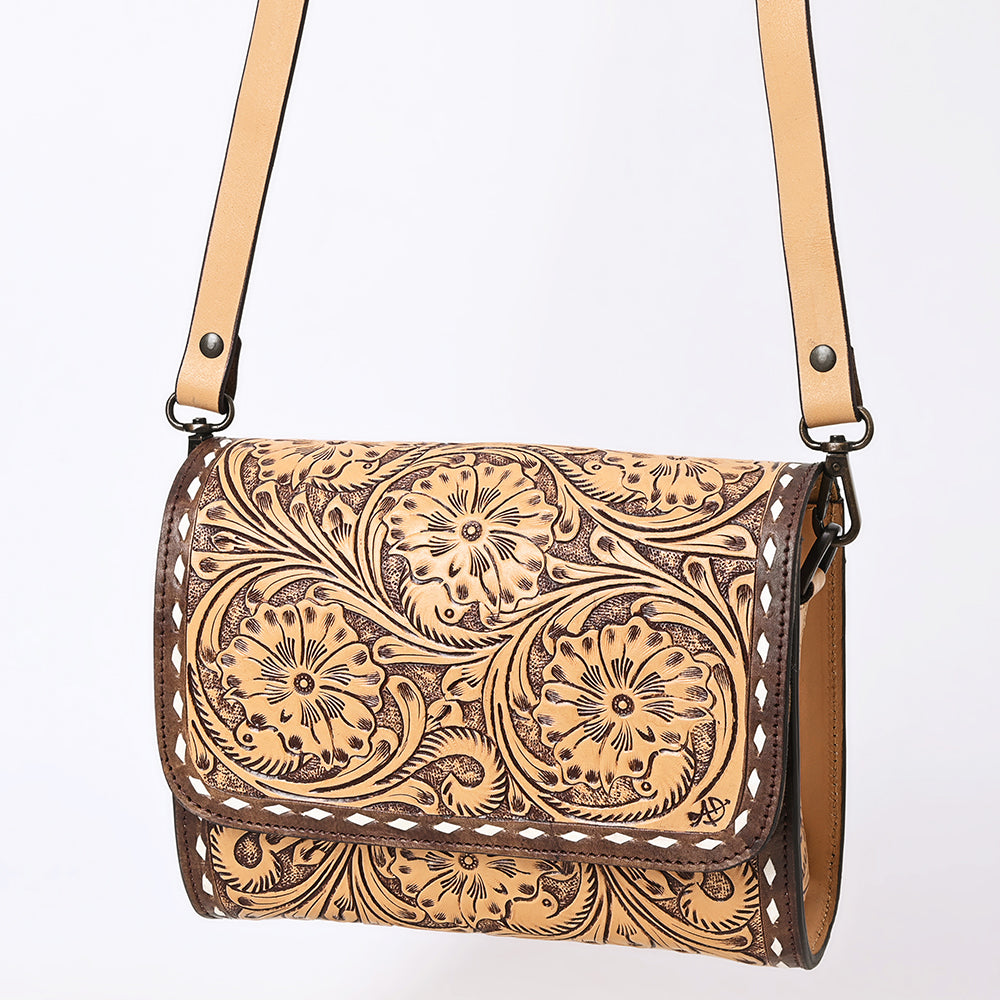 ADBGZ693 Hand-Tooled Leather Western Crossbody Bag - Floral Carving in Natural Tan