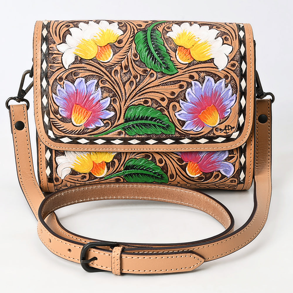 ADBGZ693 Hand-Tooled Leather Western Crossbody Bag - Floral Carving in Natural Tan