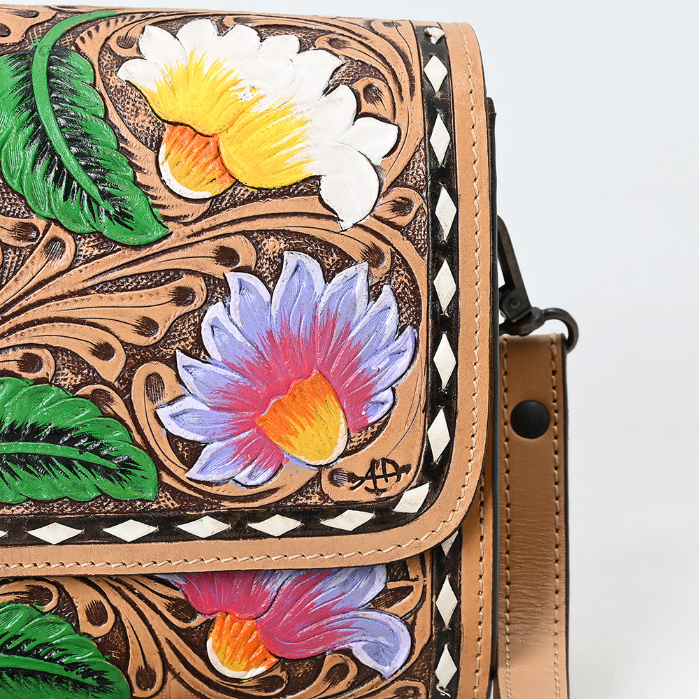 ADBGZ693 Hand-Tooled Leather Western Crossbody Bag - Floral Carving in Natural Tan