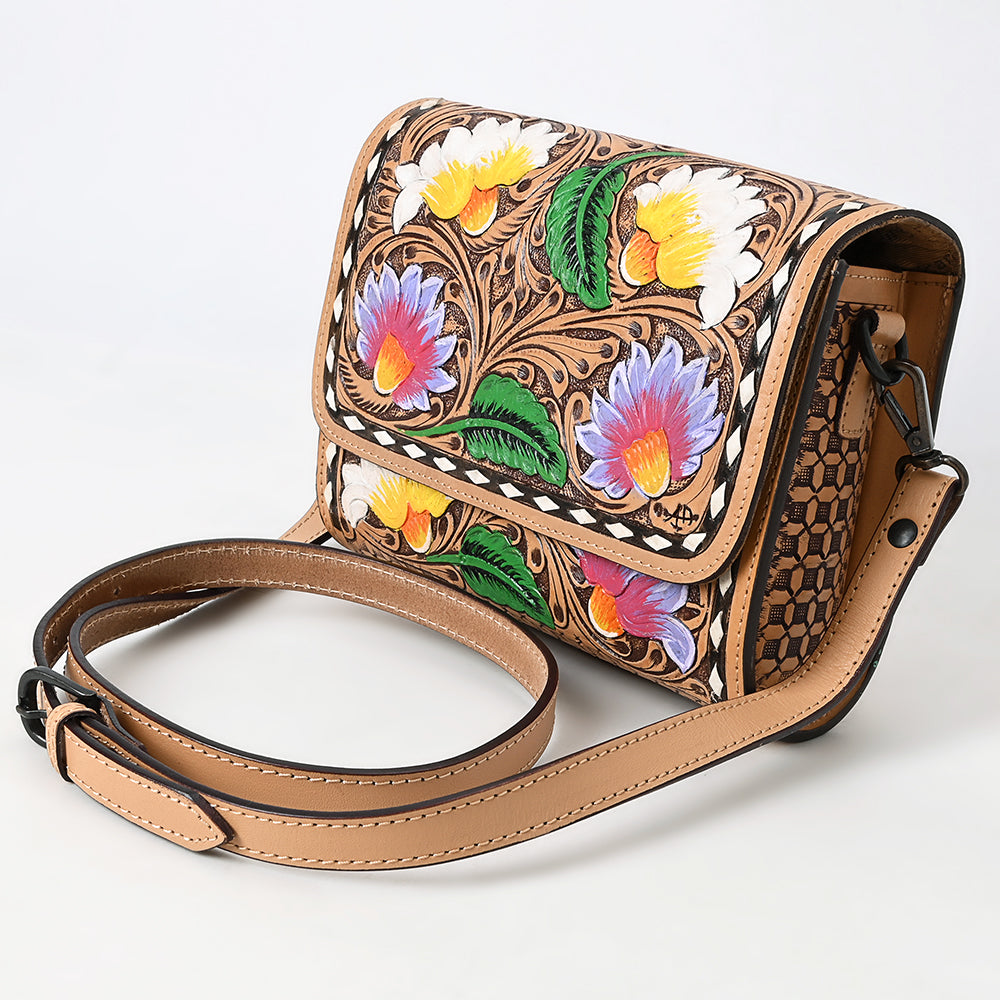 ADBGZ693 Hand-Tooled Leather Western Crossbody Bag - Floral Carving in Natural Tan