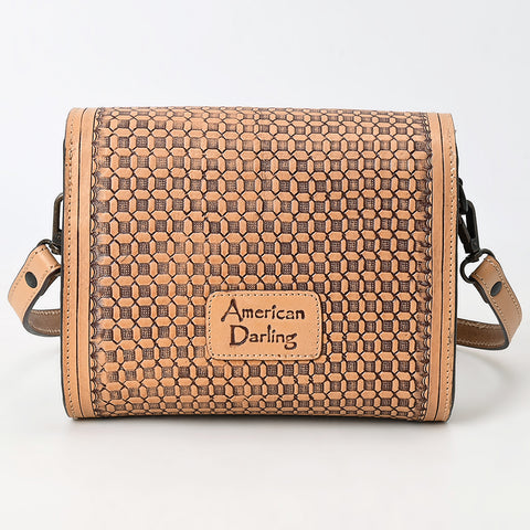 ADBGZ693 Hand-Tooled Leather Western Crossbody Bag - Floral Carving in Natural Tan