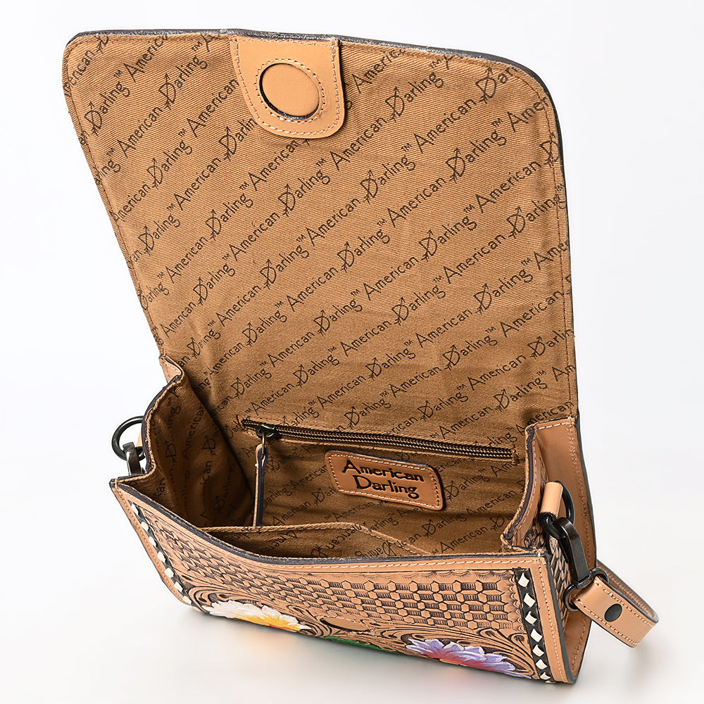 ADBGZ693 Hand-Tooled Leather Western Crossbody Bag - Floral Carving in Natural Tan