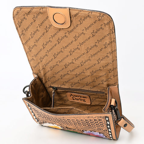ADBGZ693 Hand-Tooled Leather Western Crossbody Bag - Floral Carving in Natural Tan
