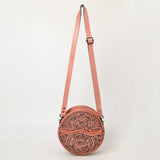 ADBG1461 Round Natural Hand-Tooled Leather Canteen Bag - Floral Whipstitch Western Style