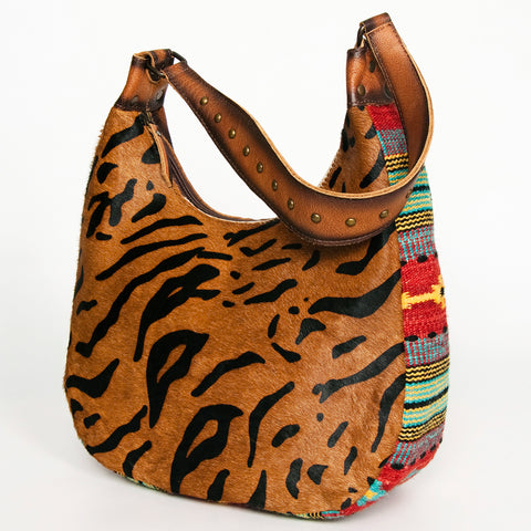 American Darling Hair-On Cowhide Hobo Bag with Handwoven Saddle Blanket Sides Western Leather