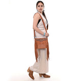 ADBG1651 Tan Suede Fringe Crossbody Bag with Tooled Leather Yoke & White Embroidery