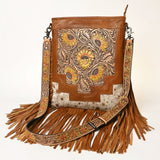 ADBG256 Tooled Leather & Cowhide Fringe Messenger Bag Western Boho Crossbody by American Darling