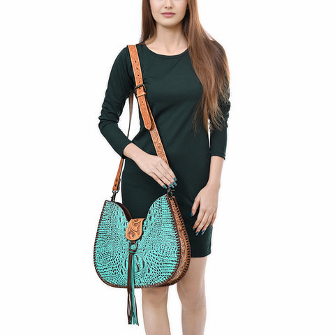 American Darling Crocodile Embossed Hand Tooled Leather Western Crossbody Bag