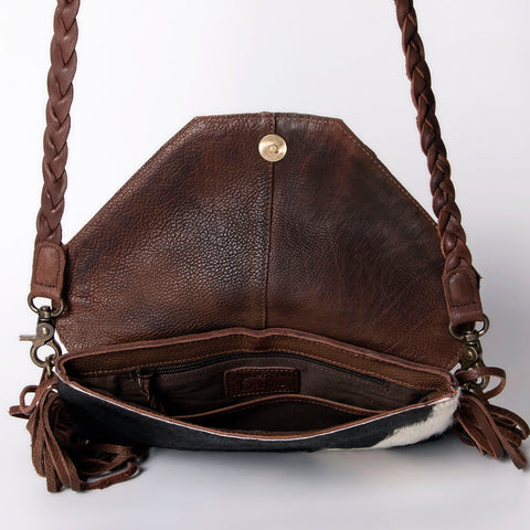 ADBGM298 Cowhide Envelope Crossbody - Fringe, Braided Trim & Hair-On Hide