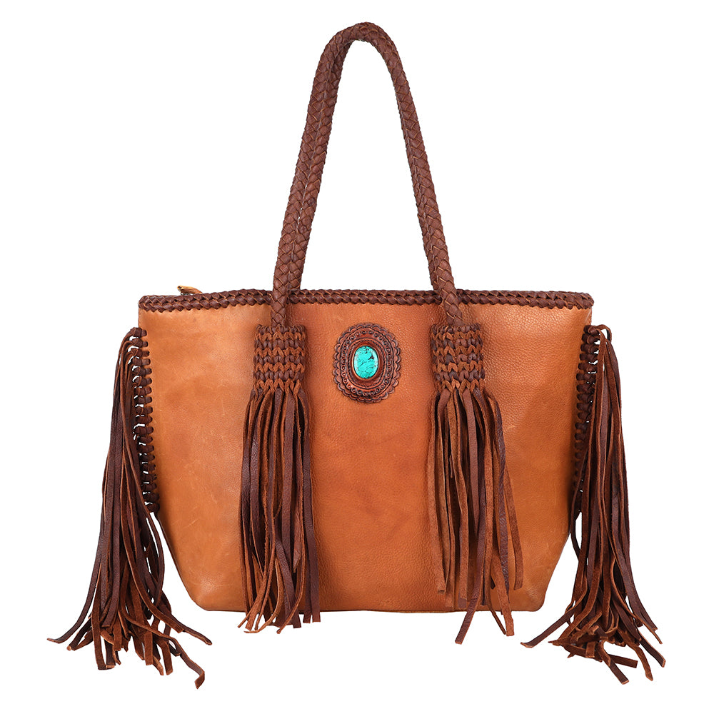 LC-ADBGM276 Tan Western Leather Tote - Fringe, Braided Handles & Turquoise Concho
