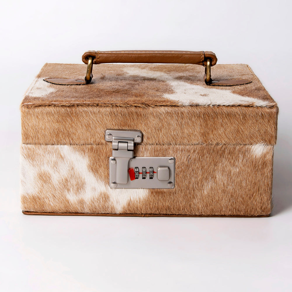 LC-ADBGA325 Hair-On Cowhide Western Lockable Jewelry & Storage Case Brown & White