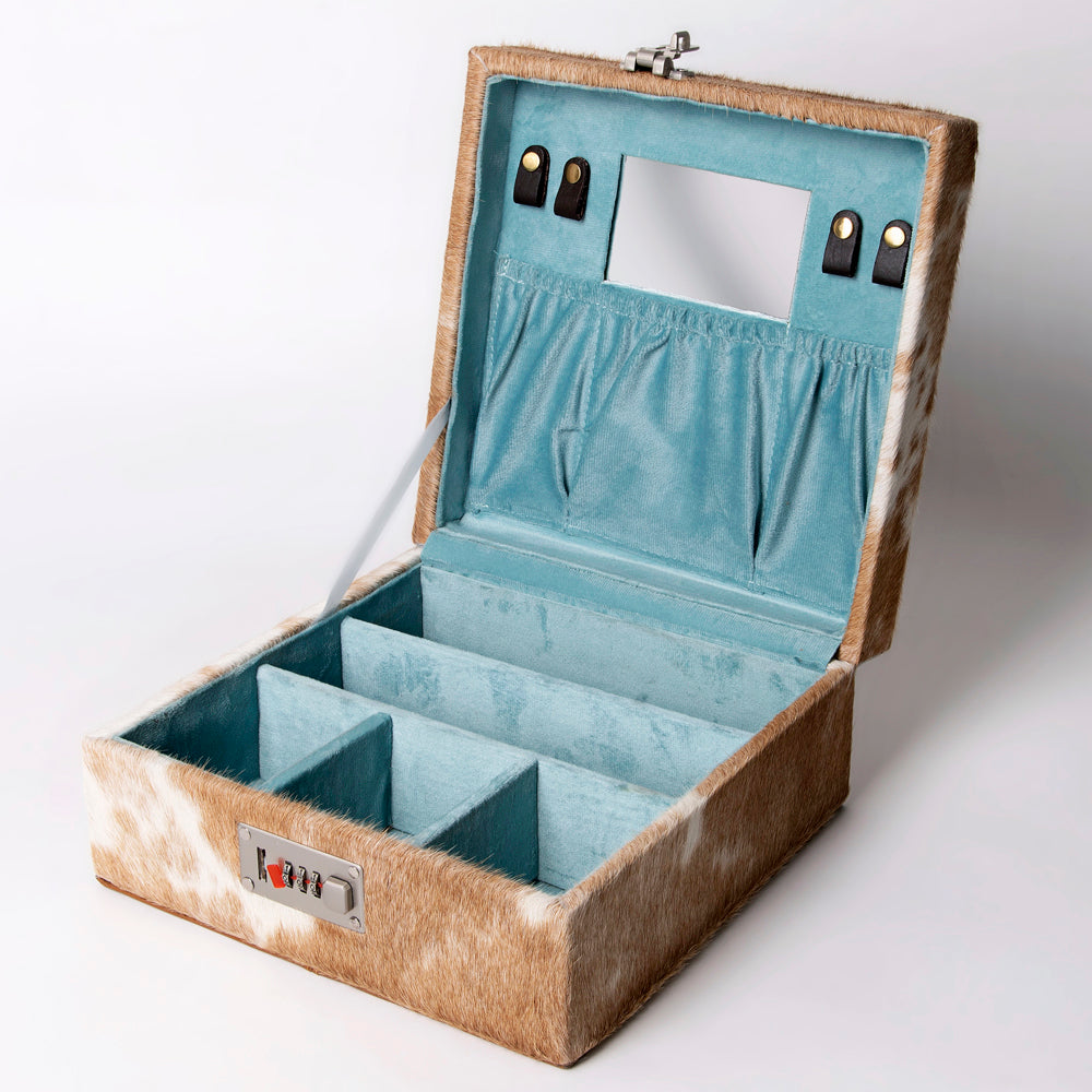 LC-ADBGA325 Hair-On Cowhide Western Lockable Jewelry & Storage Case Brown & White