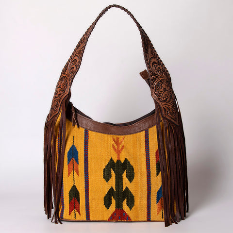 American Darling Hand Tooled Leather Hobo Bag with Hand Woven Saddle Blanket and Fringes