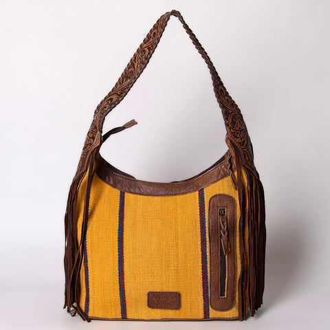American Darling Hand Tooled Leather Hobo Bag with Hand Woven Saddle Blanket and Fringes